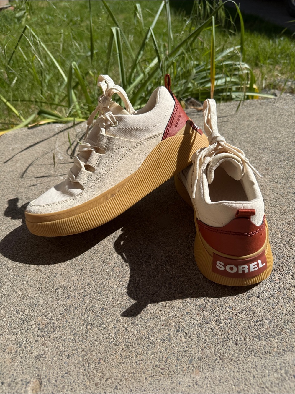 Sorel Cream Canvas Platform Sneakers with Tan Sole and Rust Accent